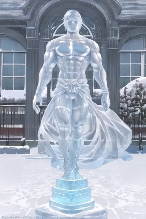 photo of a man, a man as a (made_of_ice:1.3), perfect muscled body, on a pedestal, modelshoot style, photo of the most beautiful artwork in the world, High Detail, Sharp focus,(((in the snow))), full body, (closeup), <lora:made_of_ice:0.6>,