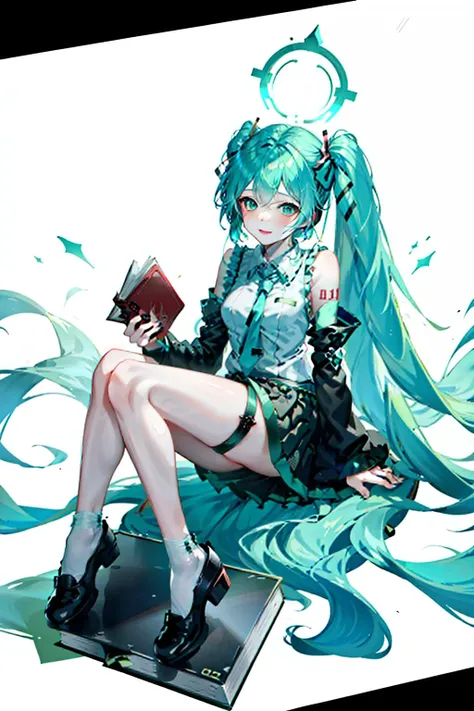 [(white background:1.5)::5],best quality, masterpiece, highres, original, extremely detailed 8K wallpaper, an extremely delicate and beautiful,,full body,straight-on,ultrawide shot,depth of field,high saturation,cafe,tatami,indoors,photorealistic,detailed manga illustration,colorful,tachie,line art,solo,petite,bishoujo,(((hatsune miku))),grayu,goddess,the creamy smooth skin,green_hair,ahoge,ponytail,payot,floating hair,bangs,green_eyes,smile,figure four sitting,detail fingers,skindentation,beautiful_face,bright pupils,office lady suit,denim shorts,black_thighhighs,sneakers,belt,hair ribbon,halo,tassel,hair ornament,hair rings,hair bow,hairband,earrings,book,armlet, <lora:ainoku_HatsuneMiku:0.7>, <lora:fashionGirl_v54:0.5> ,<lora:gachaSplashLORA_gachaSplash31:0.5>, <lora:Hipoly 3D Model:0.2> ,<lora:lightAndShadow_v10:0.3>, <lora:lightlineArtLora_v10:0.3>, <lora:koreandolllikenessV20_v20:0.5>
