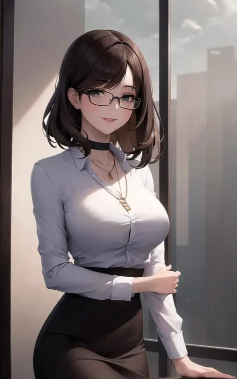 ((masterpiece)), (best quality), (ultra-detailed), best artist, 4k wallpaper, detailed face, office, indoors, (atmospheric:1.5), 1girl, solo, medium brown hair, elegant haircut, glasses, lipstick, necklace, choker, collared shirt, skirt, large breasts outdoors, smile, looking at viewer, seductive, skindentation