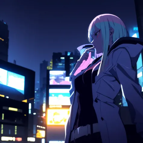 1girl, <lora:cy1-000008:1> <lora:lucy_cyberpunk:0.45>city,rain,light,night,