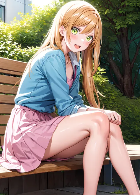 masterpiece, best quality, kinoshitaakane, 1girl, blue shirt, pink dress, female college student, happy, open mouth, upper teeth, bare legs, sitting on bench, from side, <lora:kinoshitaakane-v1.0:1>