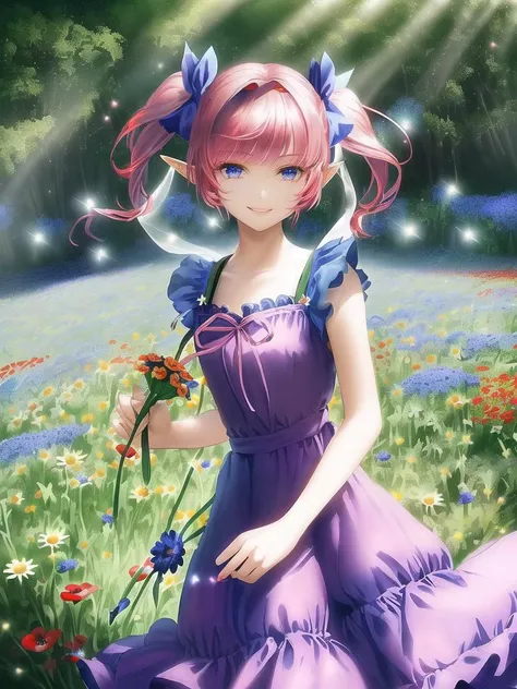 solo, teen girl, (elf:1.5), (dark pink red hair:1.5), (short hair:1.5), (short twintail:1.0), sidelocks, (twintail ribbons:1.5), blunt bangs, (dark blue violet eyes:1.3), (beautiful face:1.5), (loose sundress:1.5), (long dress:0.7), (light lilac dress:1.5), symmetrical dress, (kind smile:1.3), (smug smile:0.8), (happy smile:1.2),
(ornament dress:1.4),
(BG flower meadow in a fairy forest with bluebells, cornflowers, daisies and poppies, the rays of the sun break through the crown:1.2), straight horizon,
(Holding a blue flower in his hand:1.2), looks at the viewer,
(masterpiece:1.1), (best quality:1.1), (ultra-detailed:1.1), intricate detail, detailed beautiful face and eyes, 8k, beautiful lighting, digital art,