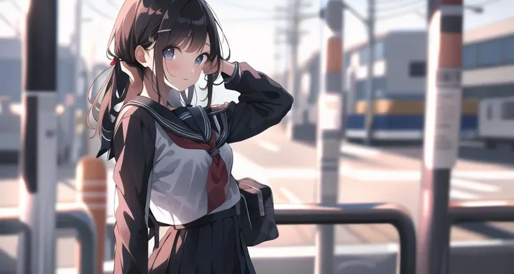 best quality, ultra high res,prefect anatomy,prefect hand,
1girl,
on hand on own hair,standing,look back,
<lora:smile-girl-anime:0.8>