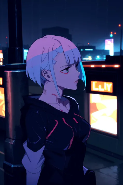 1girl, <lora:cy1-000008:1> <lora:lucy_cyberpunk:0.45>city,rain,light,night,