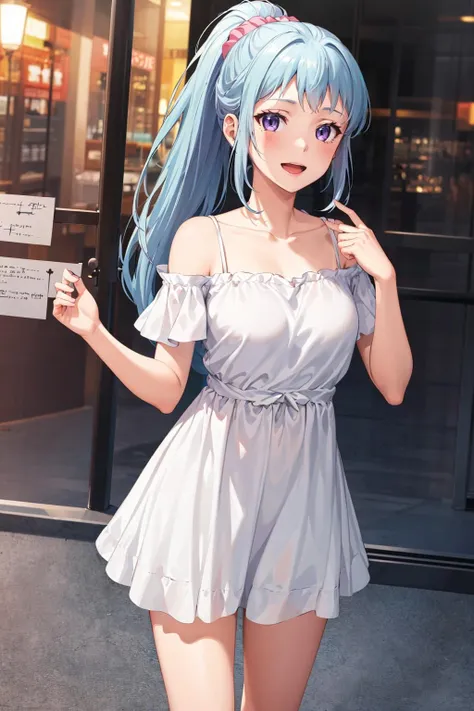 ((masterpiece)), (best quality), official art, extremely detailed CG, unity 8k wallpaper, ultra detailed, highly detailed, detailed background, vivid color, 
1girl, saki kawasaki, ponytail, scrunchie, smile, happy, open mouth, 
Ruffled off-the-shoulder dress with a high-low hem,  
<lora:saki_kawasaki_v1:0.7>