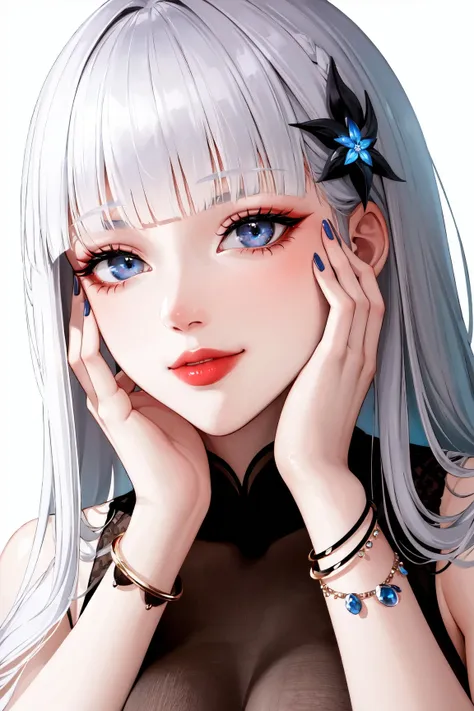 1girl, solo, long hair, looking at viewer, smile, blue eyes, hair ornament, white background, jewelry, white hair, closed mouth, blunt bangs, nail polish, bracelet, lips, grey eyes, portrait, red nails, close-up, red lips, hands on own face, hands on own cheeks,(mature female),(shiny skin),((steaming body))