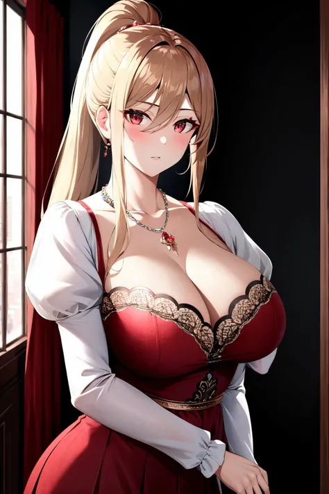 (very close up) (squeezing breasts together:1.5) (squatting) (1girl:1.2) (adult woman) (topless:1.1) (elaborate beautiful red gold dress:1.2) (ruby red chains on wrists) (girl looking at viewer intently) ruby red halo) red rose choker, night, dark cozy bedroom, mood lighting, elanorate bedroom ceiling, Absurd, Perfect Anatomy, performance, Good lighting, Shadows in the movies, very large breasts, thin waist, Long HAIR, (blonde hair), (loving look:1.4), original HAIR style, Dynamic Angle, (detailed face:1.3) (dynamic lighting:1.5), (ruby red eyes) (ruby red leaf bracers on arms) (ruby red leaf hair piece) (elaborate ruby necklace) (red roses on bed:1.3) (red roses in hair) (stunning beautiful red eyes)