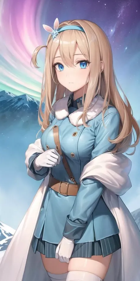 (extremely detailed CG unity 8k wallpaper),(masterpiece), (best quality), (ultra-detailed), (best illustration),(best shadow), cowboy shot, (sharp eyeliner, eyeshadow, detailed eyes:1.1), winter background, trees, snow, mountains, aurora borealis ,BREAK suomi <lora:suomiKP31Girls_v10:1>