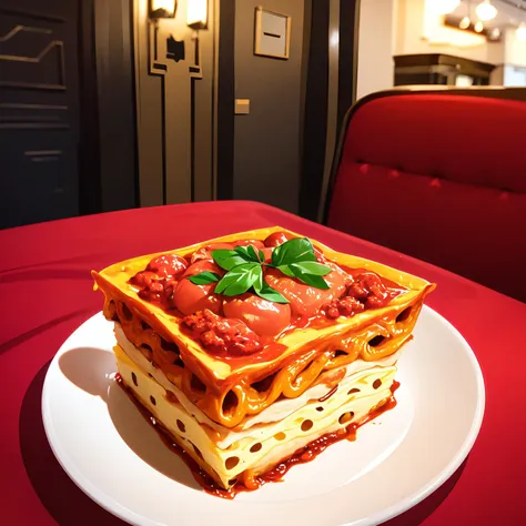 asymmetry,<lora:HiroshiNagai:0.6>,lasagna with tomato sauce and cheese topping in a fine dining restaurant,fancy decorations,