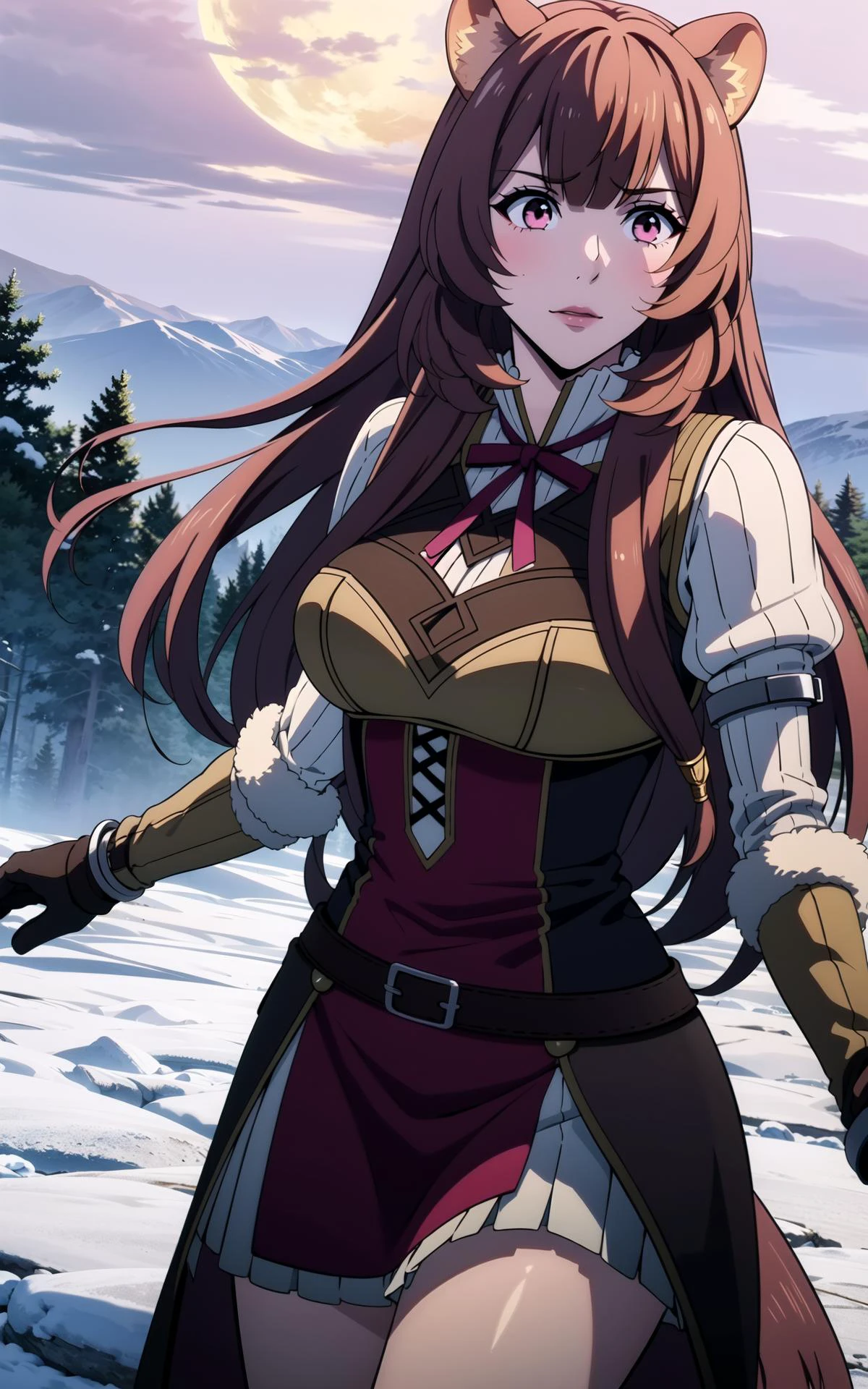 (1girl:1.5), (medium breasts:1.5), (raphtalia:1.3),
((high resolution illustration)), ((masterpiece)), ((best quality)), high detail,extremely detailed, atmospheric, dynamic angle,
(textured skin:1.4), (detailed brown hair: 1.9), (detailed pink eyes:1.4), long hair,intricate hair, solo focus, detailed brows, animal ears, animal tail, racoon girl, racoon tail, racoon ears,
detailed lighting, realistic colours, bright colours,
warm clothes, mittens, fur cloak, skarf, furs,
medieval clothes,
ultra detailed,
blizzard, night, detailed background, moonlight, lantern, walking, cold, winter, mountains, hiking,
<lora:Raphtalia:0.6>, <lora:raphtalialora_v2NSFW:0.4>,