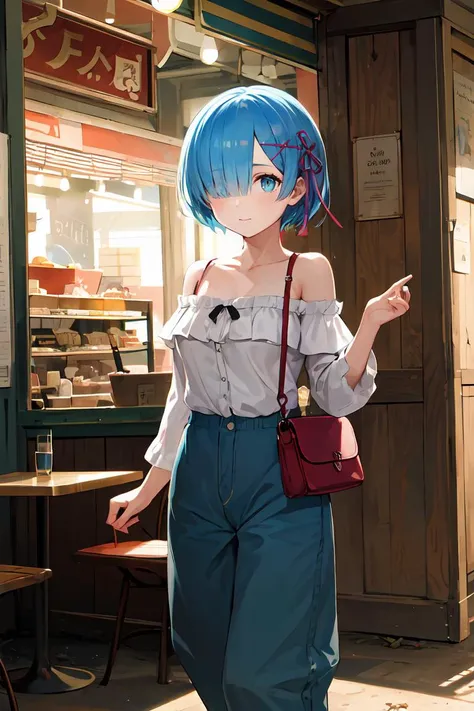 masterpiece, best quality, highres, solo, aarem, short hair, x hair ornament, hair ribbon, hair over one eye, large breasts, frills, <lora:rem_v1:0.8>, (Off-the-shoulder_blouse:1.4),(Wide-leg_cropped_pants:1.3),(Woven_handbag:1.2),(Beachside_cafe_background:1.4), looking at viewer, cyberpunk, synthetic slums, dilapidated buildings, flickering neon signs, underground markets, hackers' hideouts