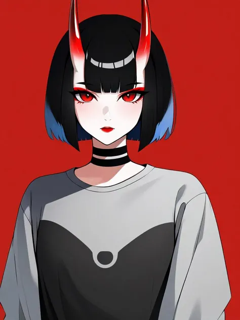 1girl, solo, cigarette, smoke, short hair, horns,mecha musume, looking at viewer, black hair, oni horns,red theme, choker, red background, smoking, cyborg, makeup, cyberpunk, oni, upper body, bob cut, shirt,science fiction,(cyberpunk:1.22),general
masterpiece, newest, absurdres,very aesthetic