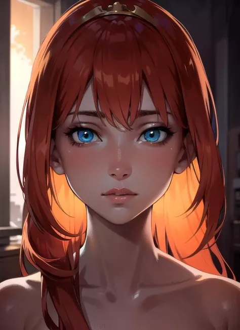 a beautiful picture of Bloom, masterpiece, photorealistic, detailed, 4k, HDR, backlighting, bloom, light, RAW color photo, smooth skin, orange hair, bangs, long hair, detailed face, blue eyes, nude, <lora:WinxClubBloom-10:0.9>