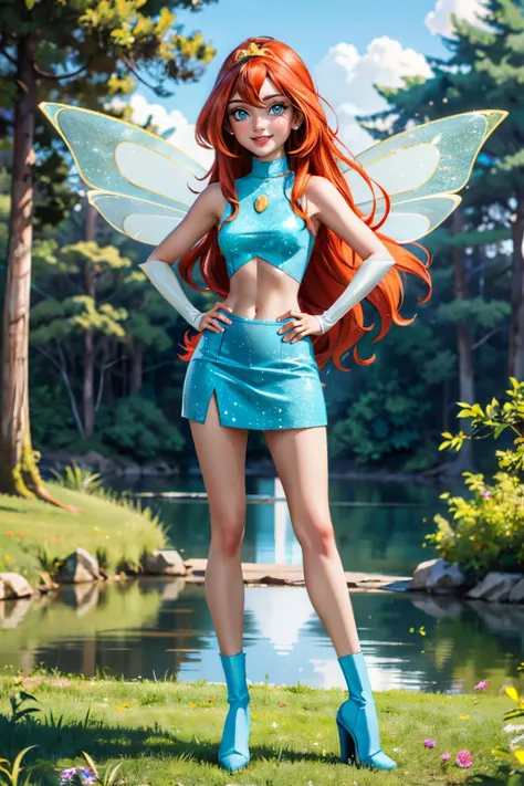Bloom ,Red hair girl, fairy wings naughty, cropped top and light blue skirt 