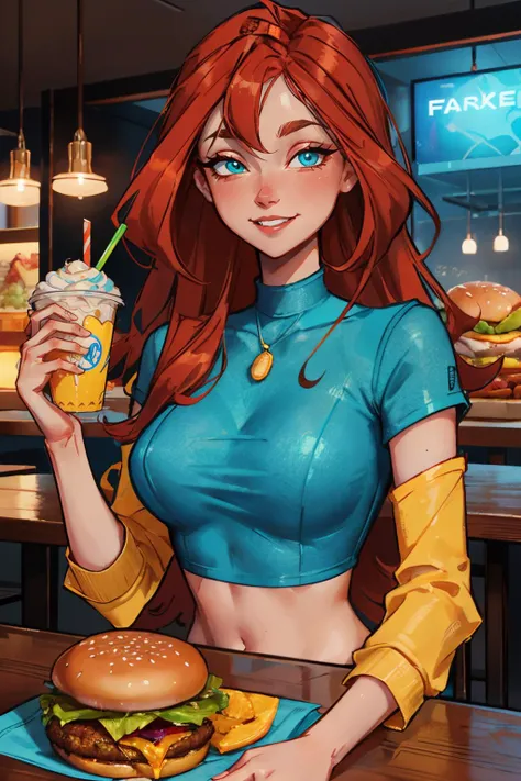 Bloom, red hair, blue eyes, Casual Outfit, croptop, blue tshirt, yellow sleeves,  looking at viewer, smiling, upper body shot, sitting behind a table, inside fast food restaurant, table full of food, hamburgers, milkshake, neon lighting, high quality, masterpiece, <lora:WinxClubBloom:.8>