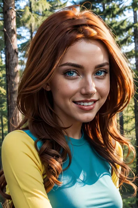 Bloom, red hair, blue eyes, Casual Outfit, blue tshirt, yellow sleeves, looking at viewer, smiling, close up, outside, forest, natural lighting, high quality, masterpiece, <lora:WinxClubBloom:.8>