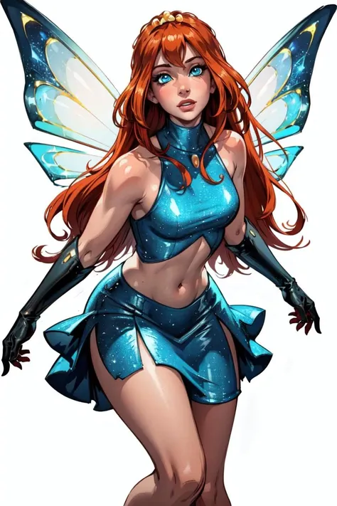 (Bloom), (orange hair, blue eyes, bangs, long hair), (fairy outfit), (blue croptop, sleeveless, blue skirt, sparkling clothing, fairy wings, tiara), (white background, plain background, solid color background:1.5),(realistic:1.2), (masterpiece:1.2), (full-body-shot:1),(Cowboy-shot:1.2), neon lighting, dark romantic lighting, (highly detailed:1.2),(detailed face:1.2), (gradients), colorful, detailed eyes, (detailed landscape:1.2), (natural lighting:1.2), (dynamic pose:1.2), (solo, one person, 1girl:1.5),<lora:WinxClubBloom-10:0.9> <lora:add_detail:0.15>