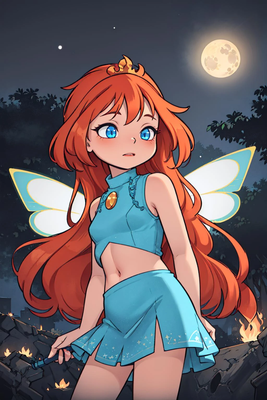 ((masterpiece)), (best quality), official art, extremely detailed CG, unity 8k wallpaper, ultra detailed, highly detailed, detailed background, vivid color, photorealistic, perfect lighting, best illumination, 32k,
Bloom, (orange hair, blue eyes, bangs, long hair), (fairy outfit), (blue croptop, sleeveless, blue skirt, sparkling clothing, fairy wings, tiara),   
neon lighting, dark romantic lighting, gradients, sexy  pose,
moon, night, castle,
<lora:WinxClubBloom:0.8>