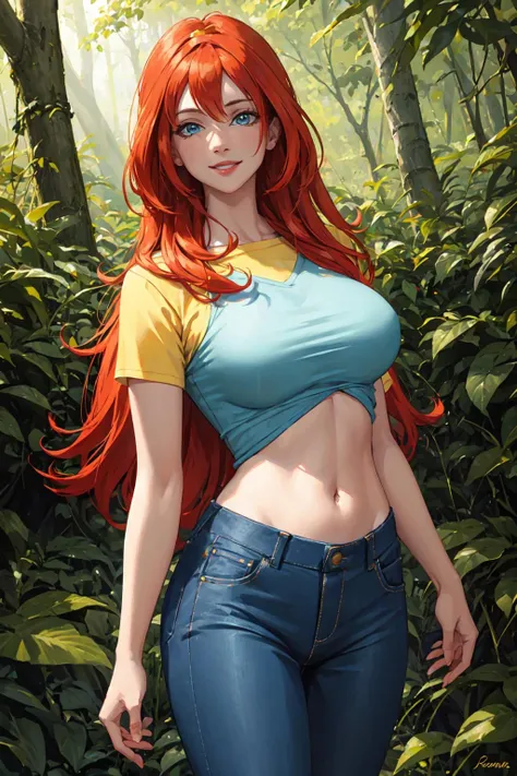 masterpiece, best quality, ultra-detailed, Bloom, milf, mature face, tall, thick, orange hair, blue eyes, bangs, long hair, Casual Outfit, croptop, blue tshirt, yellow short sleeves, skinny jeans, pants, standing, smile, in the forest, cowboy shot, realistic, volumetric lighting, intricate details, tonemapping, sharp focus, hyper detailed, <lora:WinxClubBloom:1>