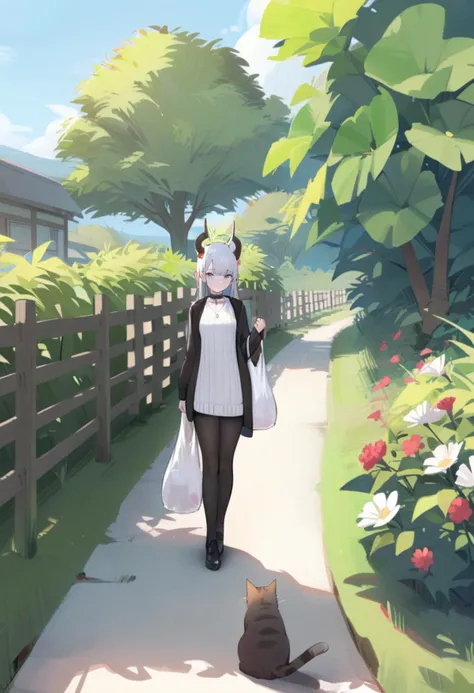 masterpiece, best quality,<lora:nekojiraXL_ANI31_lokr_V4302:0.95> 1girl, outdoors, horns, solo, sky, day, fence, cloud, blue sky, pantyhose, jacket, black footwear, bag, black jacket, dress, shadow, open jacket, blue eyes, open clothes, cat, black pantyhose, white dress, long hair, grey hair, long sleeves, sweater, standing, closed mouth, holding, scenery, animal, pointy ears, sweater dress, shoes, plastic bag, white hair, holding bag, plant, grass, flower, choker, wide shot, tree, wooden fence