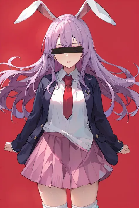 score_9, score_8_up, score_8, score_9,  <lora:identity_censor_pony-10:1>, 1 girl, cowboy shot,  reisen_udongein_inaba, purple_hair, rabbit_ears, long_hair, white_shirt, red_necktie, pink_skirt, loose_socks, loafers, blazer <lora:reisen_udongein_inaba_ponyxl-10:0.8> identity censor,  <lora:nekojiraXL_P6_lokr_V4302:0.8>, red background