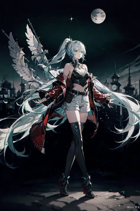 1 girl,white hair, blue eyes, red jacket, pointy ears,single braid, hair ribbon, red jacket, shoulder armor, fingerless gloves, white shirt, red belt, white shorts, thigh boots,'alisaie leveilleur (final fantasy), low ponytail, thigh boots,(solo),night sky,star, (Masterpiece:1.2, high quality), (pixiv:1.4), stood on the water surface,standing on reflective glass, looking up from bottom to top, looking into the distance, cinematic lighting,Volumetric Lighting, backlight,night,, <lora:Volumetric Lighting_20230531200634:0.6>, 8k, highly detailed, masterpiece, anime, anime style, , highly detailed sky <lora:dreamlike_20230727145343:0.5>