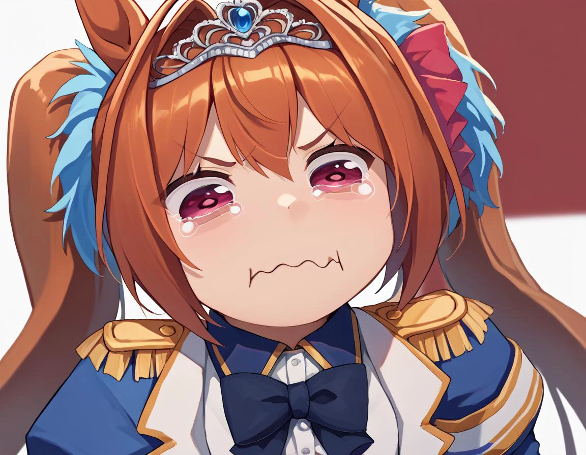 score_9, score_8_up, score_7_up, source_anime, solo, 1girl, daiwadef, aquacrying, wavy mouth, closed mouth, tearing up, twintails, tiara, horse ears, underbust, center frills, bowtie, epaulettes <lora:concept_aquacrying_ponyXL:1> <lora:umamusume_daiwascarlet_ponyXL:1>