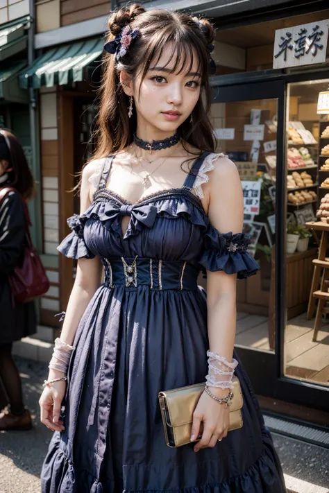 (realistic:1.3), finely detailed, quality, rembrandt lighting, (masterpiece:1.2), (photorealistic:1.2), (best quality), (detailed skin:1.3), (intricate details), dramatic, ray tracing, 1girl, japanese girl, 21 years old, detailed skin texture, (blush:0.5), (goosebumps:0.5), subsurface scattering, smiling, medium breasts, long hair curls, bangs, hair between eyes, hair ornament, choker, ribbon, bow, blue dress, long dress, lace, frills, wrist cuffs, bjyx \(manaka nemu\), cowboy shot, (arms at side:1.2), (bright sunny day, tokyo, harajuku, shops, sidewalk), <lora:Dress No.3 V3 bjyx:0.8>