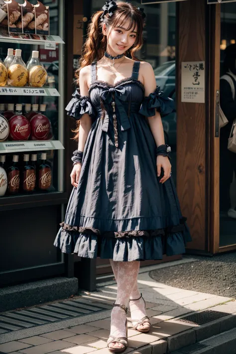 (realistic:1.3), finely detailed, quality, rembrandt lighting, (masterpiece:1.2), (photorealistic:1.2), (best quality), (detailed skin:1.3), (intricate details), dramatic, ray tracing, 1girl, japanese girl, 21 years old, detailed skin texture, (blush:0.5), (goosebumps:0.5), subsurface scattering, smiling, medium breasts, long hair curls, bangs, hair between eyes, hair ornament, choker, ribbon, bow, blue dress, long dress, lace, frills, wrist cuffs, bjyx \(manaka nemu\), lace socks, high heels, full body, (arms at side:1.2), (bright sunny day, strolling, tokyo, harajuku, shops, sidewalk, sky), <lora:Dress No.3 V3 bjyx:0.8>