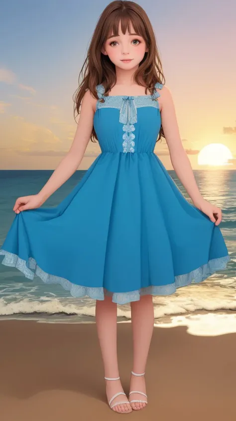 duckerica 1girl solo beautiful face realistic long hair brown hair brown eyes full body bjyx blue dress <lora:DuckErica:0.5> <lora:Dress No.3 V3 bjyx-000008:0.5> BREAK beach sunset