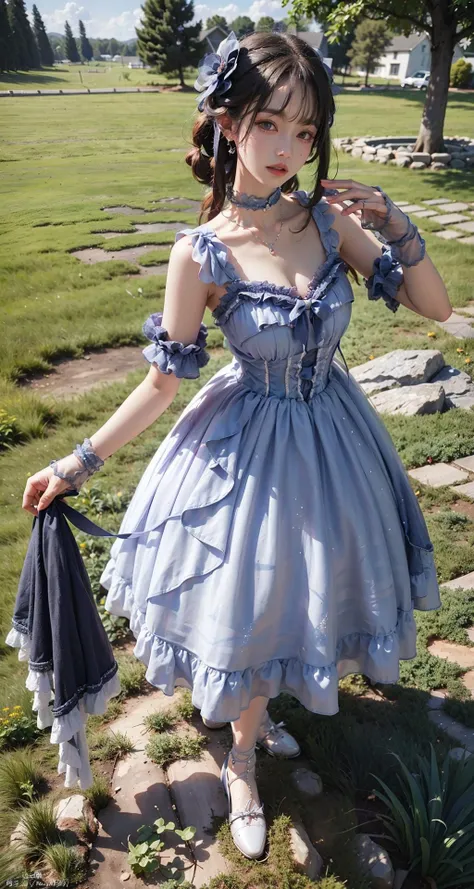 best quality, ultra high res, (photorealistic:1.4), masterpiece, highres, original, extremely detailed wallpaper, 
lawn, sky, 
1girl, solo, bjyx \(manaka nemu\), blue dress, 
fighting stance, <lora:è´é¢neg4all_bdsqlsz:0.8>,