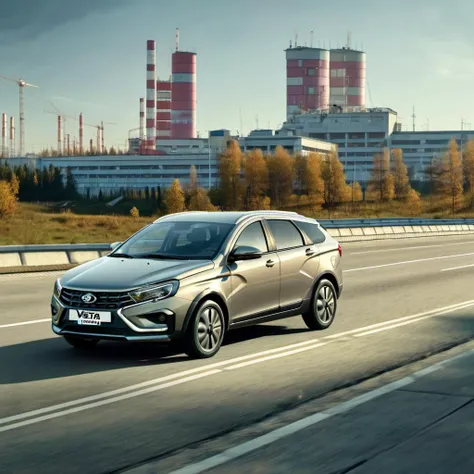 a photo of lada_vesta_sw on road, buildings on background, cinematic shot <lora:lada_vesta:1>