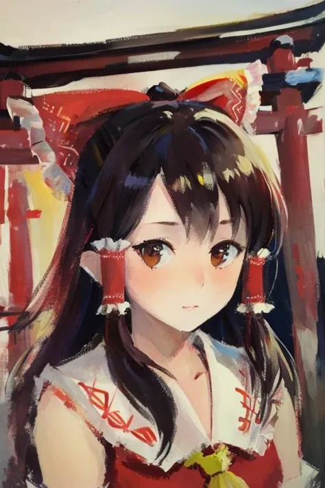 masterpiece,hakurei reimu, gouache, 1girl, solo, hairbow , long hair,  brown hair, shrine, torii,rise,portrait,<lora:gouacheFinv1:1>,