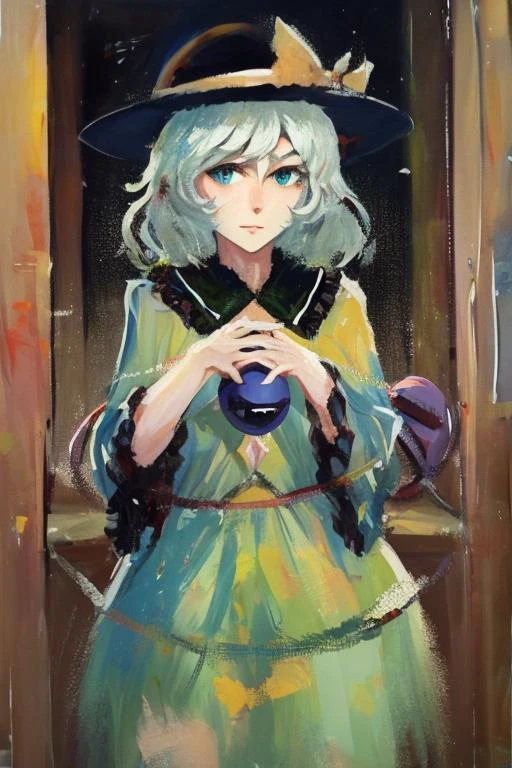 masterpiece,komeiji koishi, gouache, 1girl, solo,hat , indoors,rise,cow-boy shot, <lora:gouachev8-000144:1>,