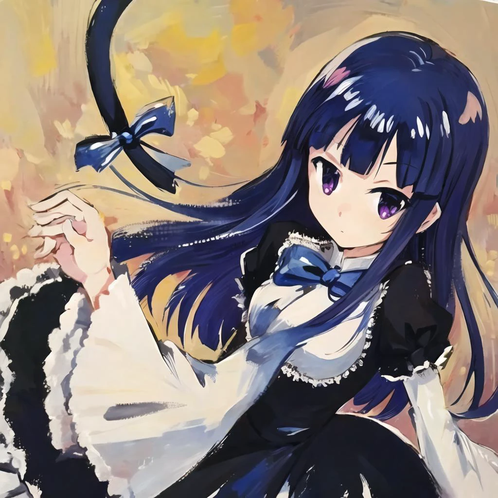 <lora:fredericaBernkastel_bern1060V10:0.8> gouache, 1girl, frederica bernkastel, blue hair, blunt bangs, cat tail, black dress, long hair, long sleeves, purple eyes, solo, tail bow, tail ribbon <lora:gouacheStyle_v1Trim:0.9>