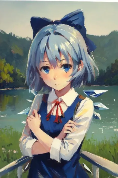 masterpiece,cirno, gouache, 1girl, solo, hairbow , lake,rise,cow-boy shot,<lora:gouacheFinv1:1>,