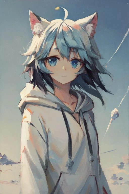 gouache,masterpiece,1girl,solo, light blue hair,long hair,animal ear fluff,kemono,azur eyes,short hair,white shrug,white hoodie,ahoge,
sleeves past wrists ,expressionless,sky,standing, cloud contrail ,close-up shot, <lora:gouachev8-000144:1:1,0,0,0,1,1,1,0,1,0,0,0,1,1,1,1,1,1,0.6,0.8,1,1,1,1,1,1>,