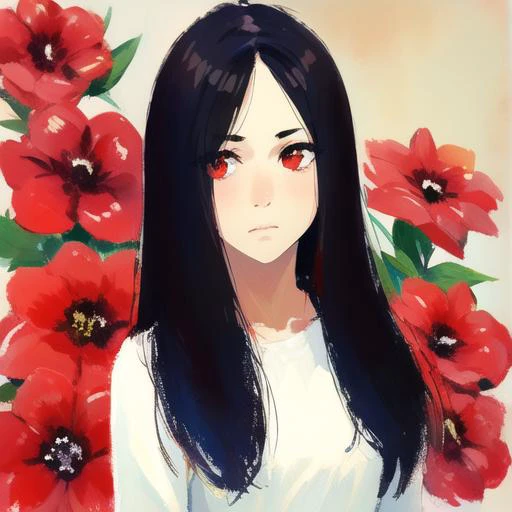 ((masterpiece)),(best quality), absurdres,sadako_yamamura,red eyes, white dress,<lora:Sadakobest:0.8>,<lora:gouacheStyle_v1Trim:0.8>,gouache,cowboy shot, upperbody, flower background,