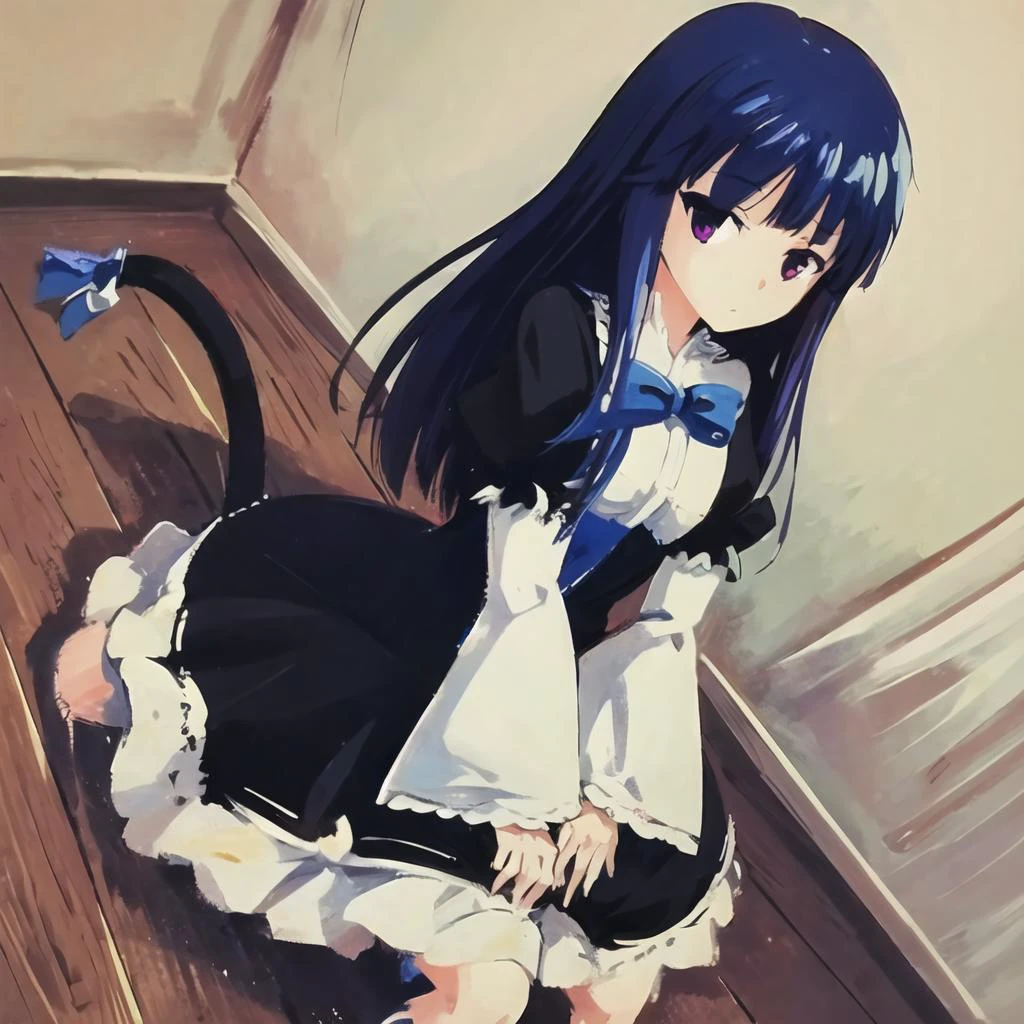 <lora:fredericaBernkastel_bern1060V10:0.8> gouache, 1girl, frederica bernkastel, blue hair, blunt bangs, cat tail, black dress, long hair, long sleeves, purple eyes, solo, tail bow, tail ribbon <lora:gouacheStyle_v1Trim:0.9>