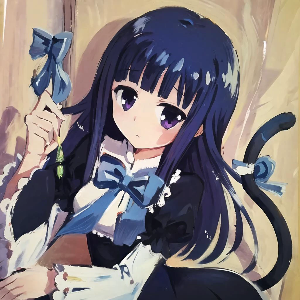 <lora:fredericaBernkastel_bern1060V10:0.8> gouache, 1girl, frederica bernkastel, blue hair, blunt bangs, cat tail, black dress, long hair, long sleeves, purple eyes, solo, tail bow, tail ribbon <lora:gouacheStyle_v1Trim:0.9>