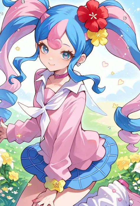 score_9, score_7_up, source_anime, BREAK light smile, head tilt, wariza, flower field, from above, <lora:projectvoltage_fairymiku_ponyXL:1> fairymiku, blue eyes, two-tone hair, pink hair, blue hair, curly hair, twintails, hair flower, red flower, yellow flower, pink sweater, pink cardigan, white neckerchief, long sleeves, blue skirt, plaid skirt, miniskirt, loose socks, pink footwear, earrings, pink choker, heart choker, wrist scrunchie, nail polish, pink nails,  <lora:Ban!_(bansankan)_PonyXL_style_v01:1>