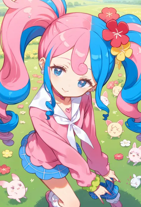 score_9, score_7_up, source_anime, BREAK light smile, head tilt, wariza, flower field, from above, <lora:projectvoltage_fairymiku_ponyXL:1> fairymiku, blue eyes, two-tone hair, pink hair, blue hair, curly hair, twintails, hair flower, red flower, yellow flower, pink sweater, pink cardigan, white neckerchief, long sleeves, blue skirt, plaid skirt, miniskirt, loose socks, pink footwear, earrings, pink choker, heart choker, wrist scrunchie, nail polish, pink nails, <lora:kuroboshi_kouhaku_PonyXL_style_v01:1>