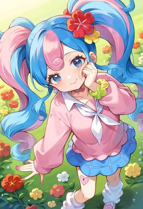 score_9, score_7_up, source_anime, BREAK light smile, head tilt, wariza, flower field, from above, fingers to cheeks,  <lora:projectvoltage_fairymiku_ponyXL:1> fairymiku, blue eyes, two-tone hair, pink hair, blue hair, curly hair, twintails, hair flower, red flower, yellow flower, pink sweater, pink cardigan, white neckerchief, long sleeves, blue skirt, plaid skirt, miniskirt, loose socks, pink footwear, earrings, pink choker, heart choker, wrist scrunchie, nail polish, pink nails,