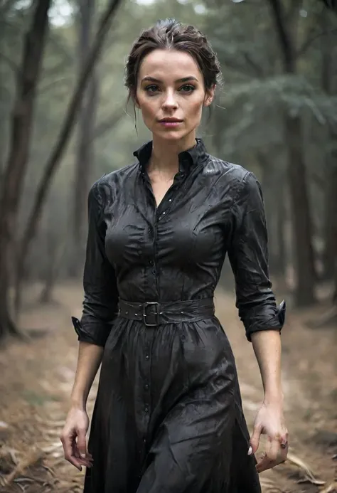 a woman wearing dark fully clothed dress clothing