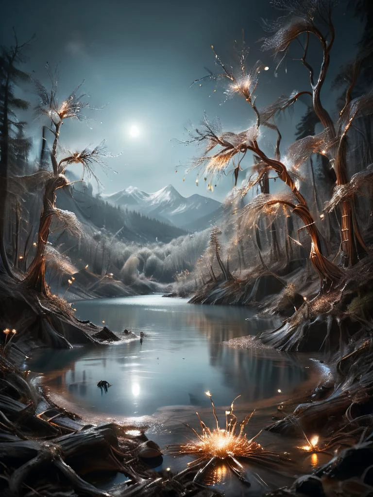 a surreal photo of a serene lake made out of silver with a beautiful ral-copperwire forest, golden snow, nighttime, light blue glowing fireflies, <lora:ral-copperwire:1>
