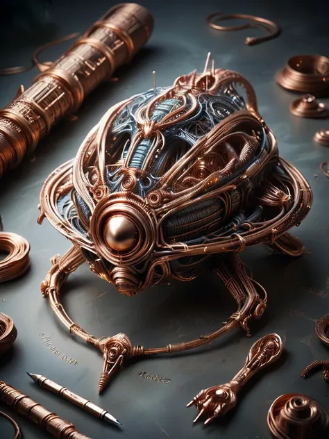 an intricate (technical:1.1) blueprint (drawing:1.1) of a complex ral-copperwire alien spaceship written in un-comprehensible gibberish and golden letters, paper made out of quicksilver, writing in gold, construction manual, under-saturated, muted colors, <lora:ral-copperwire:.8>