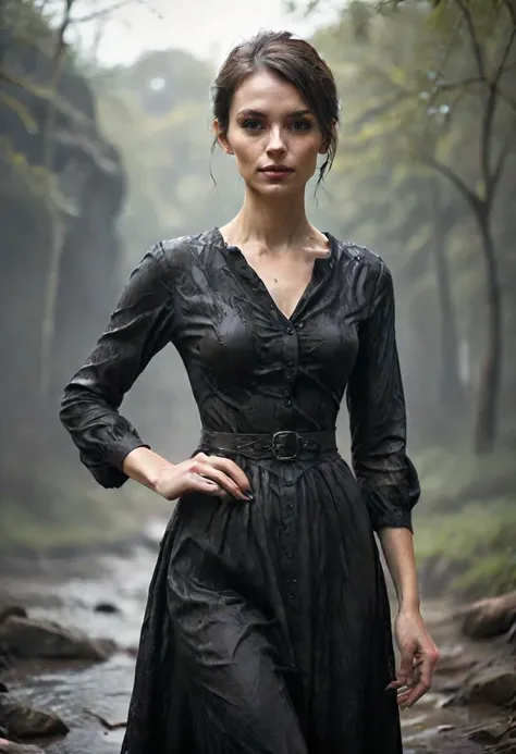 a woman wearing dark fully clothed dress clothing