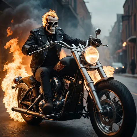 cinematic film still man rides a motorcycle, (skull:0.5), (chain:1.6), spikes, Ghost Rider, chopper, ultra detailed, fire element <lora:xl-shanbailing-1003fire:1> <lora:xl_more_art-full_v1:1>, cinematic photorealistic, 8k uhd natural lighting, raw, rich, intricate details, key visual, atmospheric lighting, 35mm photograph, film, bokeh, professional, 4k, highly detailed . shallow depth of field, vignette, highly detailed, high budget, bokeh, cinemascope, moody, epic, gorgeous, film grain, grainy