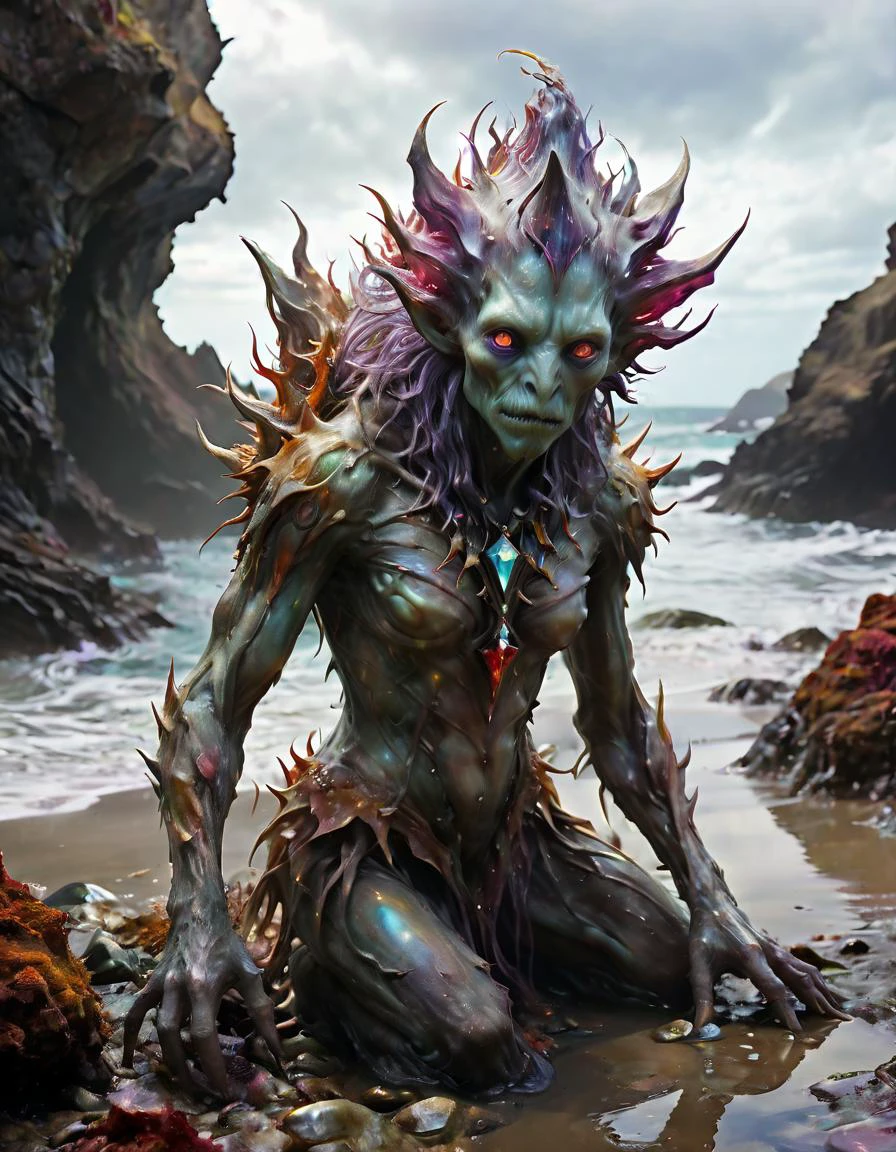 famous artwork by (julie baroh:1.3) and (brian froud:1.2) and (artgerm:1.2) and (guweiz:1.2), in the crinkbubbling intertidal zones of the vast oceans on planet krakenhome tertius, a diminutive, spiky-shelled life form with (colorful jewel-like iridescence:1.6), the chrome honkgugger, explores the otherworldly tide pools, hunting for paffling dunkfizzle
RAW photo, realistic texture, extremely detailed, absurdres, sharp focus, volumetric lighting, subsurface scattering
realistic skin, (natural skin:1), (skin details, skin texture:1.1), (skin pores:1), (skin imperfections:0.3),
<lora:aesthetic:1.0> <lora:xl_more_art-full_v1:1.0> <lora:more_details:1.0>