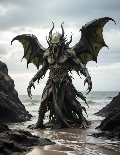 Cthulhu lurking below (the earth), ([white background:overlapping desaturated color gradients background:5]), ((black frame)), writhing tentacle border, bat wings, dripping, abstract, green gold purple, star charts, ocean waves, ancient spires rising from the sea, the stars are right, the sleeper awakens, in the style of b1nk,
